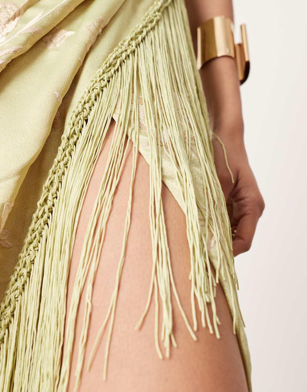 ASOS EDITION embroidered drape bandeau midi dress with fringe in olive Product Image