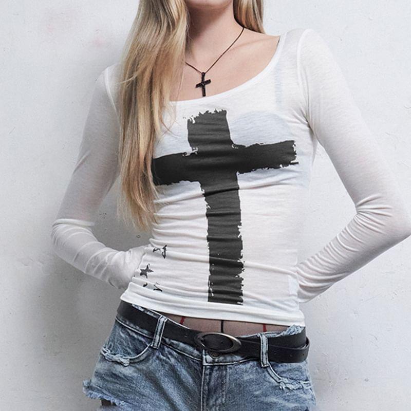 Long Sleeve Star & Cross Print See-Through Slim-Fit T-Shirt Product Image