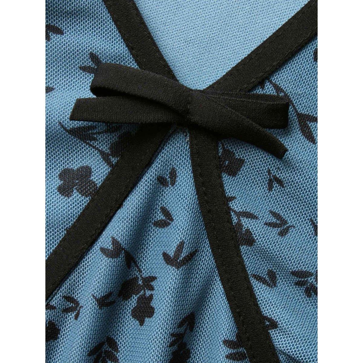 Plus Size Ditsy Floral Bowknot Patchwork Mesh Dress Cerulean Women Elegant Woven ribbon&lace trim V-neck Long Sleeve Curvy BloomChic 26/4X Product Image
