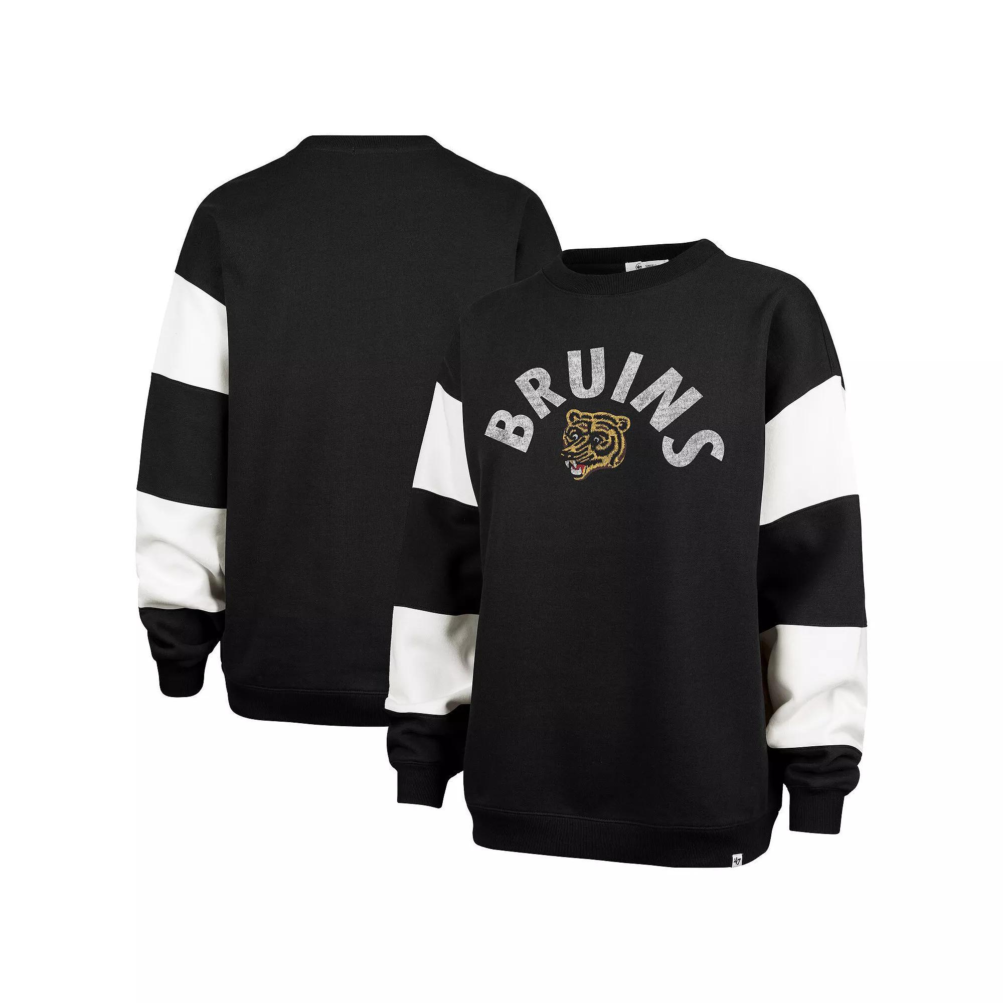 Women's '47 Black Boston Bruins Eephus Barred Pullover Sweatshirt, Size: XL Product Image