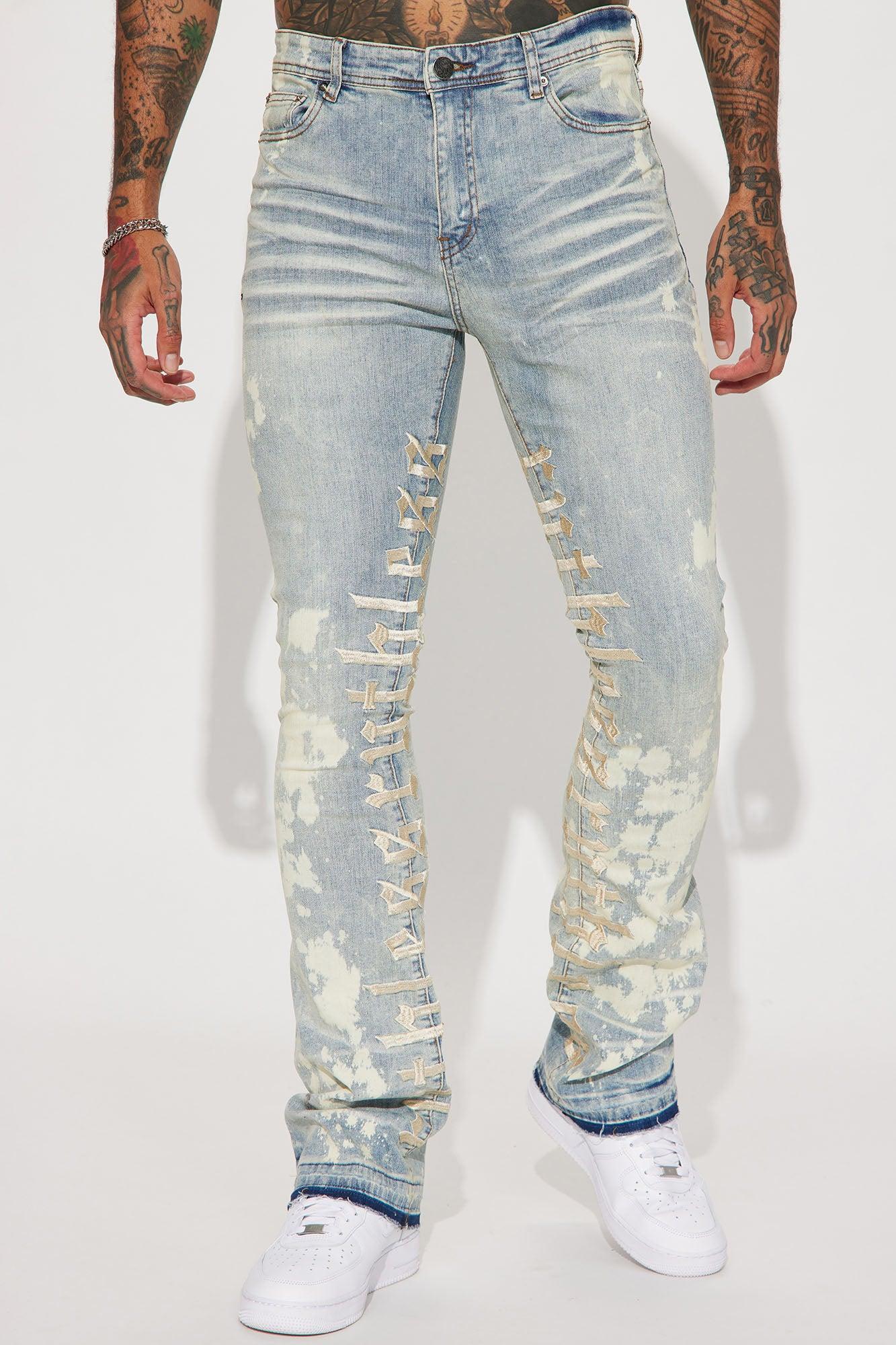 Ruthless Embroidered Stacked Skinny Flare Jeans - Bleach Blue Wash Product Image