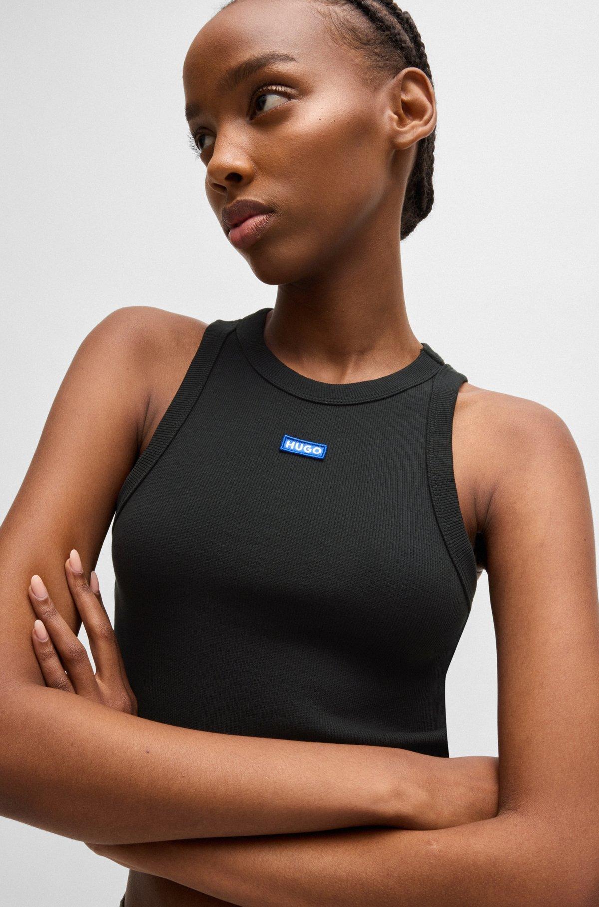 Tank top in ribbed stretch cotton with logo badge Product Image