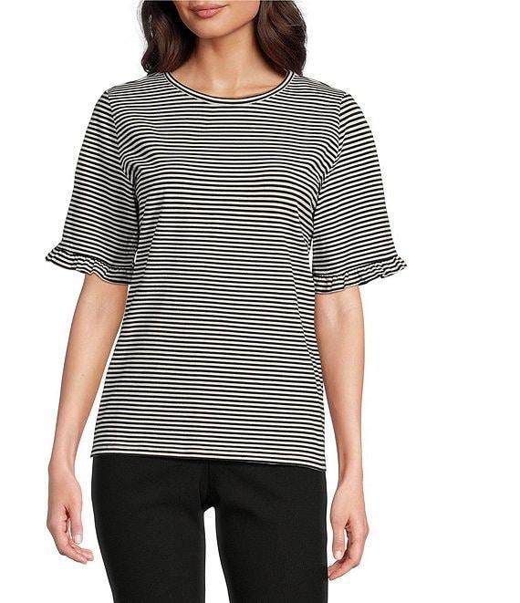 Jones New York Feeder Stripe Crew Neck Ruffled Elbow Sleeve Tee Product Image