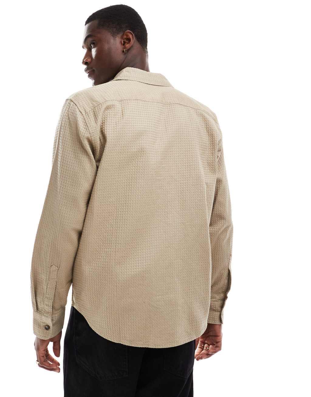 ONLY & SONS waffle texture long sleeve shirt in light brown Product Image