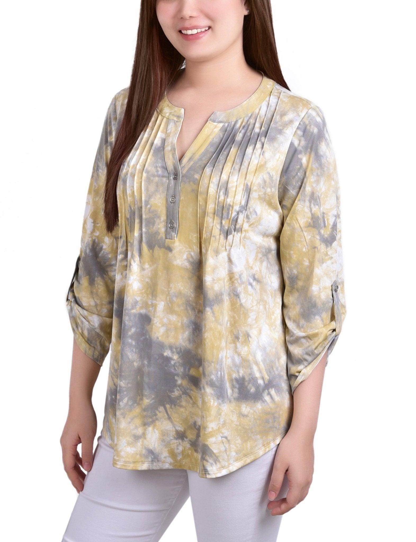 Yellow Tiedye 3/4 Bell Sleeve Pleat Front Y Neck Top Product Image