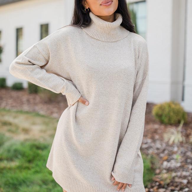 Changing Locations Beige Turtleneck Sweater Dress Product Image