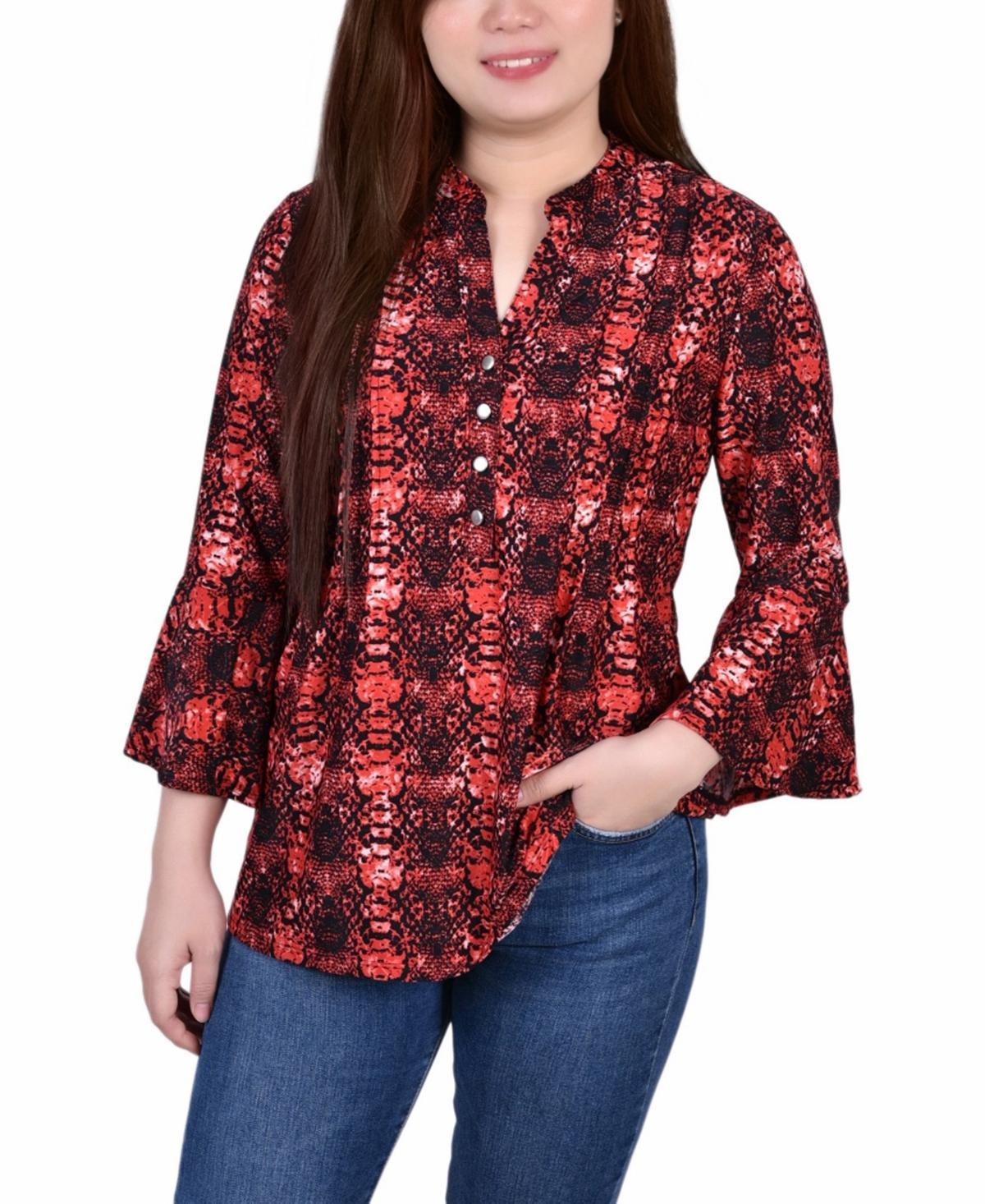 Womens 3/4 Bell Sleeve Pleat Front Y-neck Top Product Image