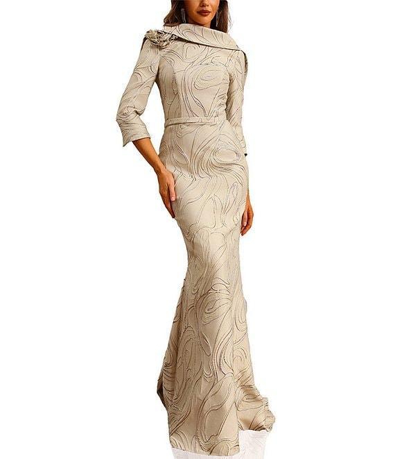 Terani Couture Cowl Back 3/4 Sleeves Jacquard Sheath Gown Product Image