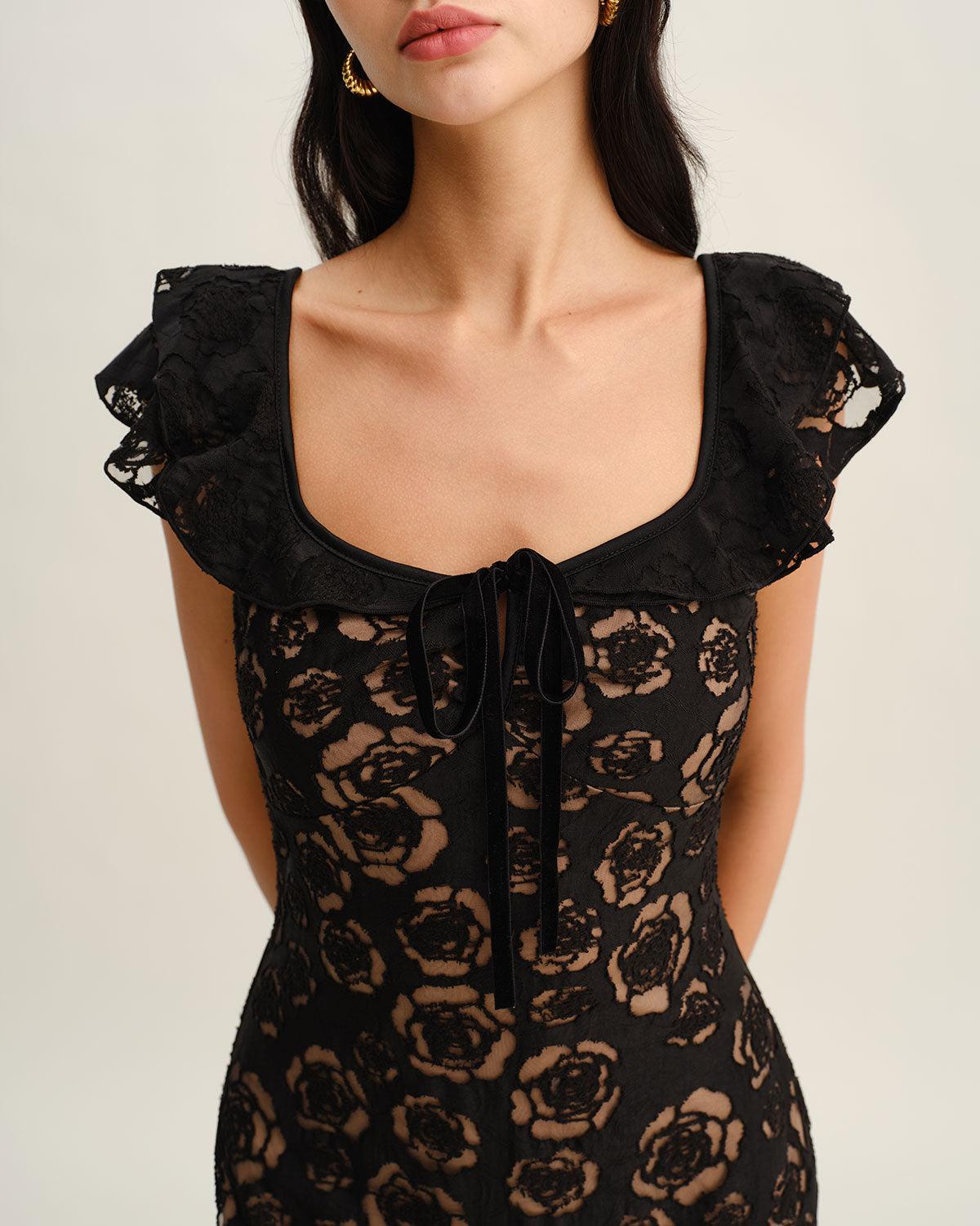 Black Textured Ruffle Mermaid Midi Dress Product Image