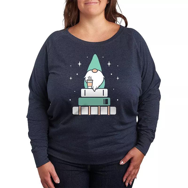 Womens Gnome with Coffee and Books French Terry Long Sleeve Tee Grey Indigo Product Image