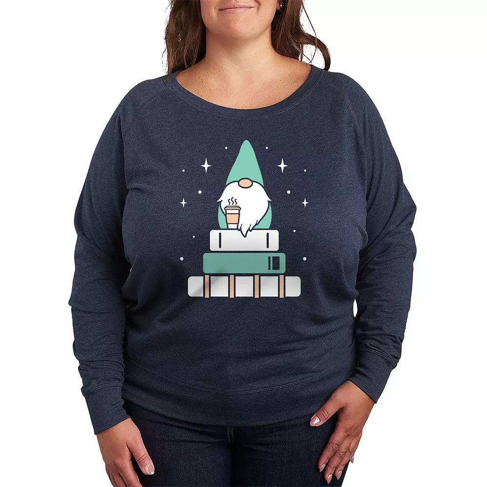 Womens Gnome with Coffee and Books French Terry Long Sleeve Tee Grey Indigo Product Image