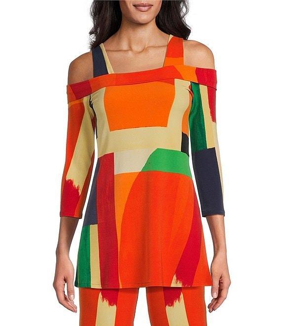 Eva Varro Color-Block Brushstroke Print Off-The-Shoulder 3/4 Sleeve Coordinating Tunic Product Image