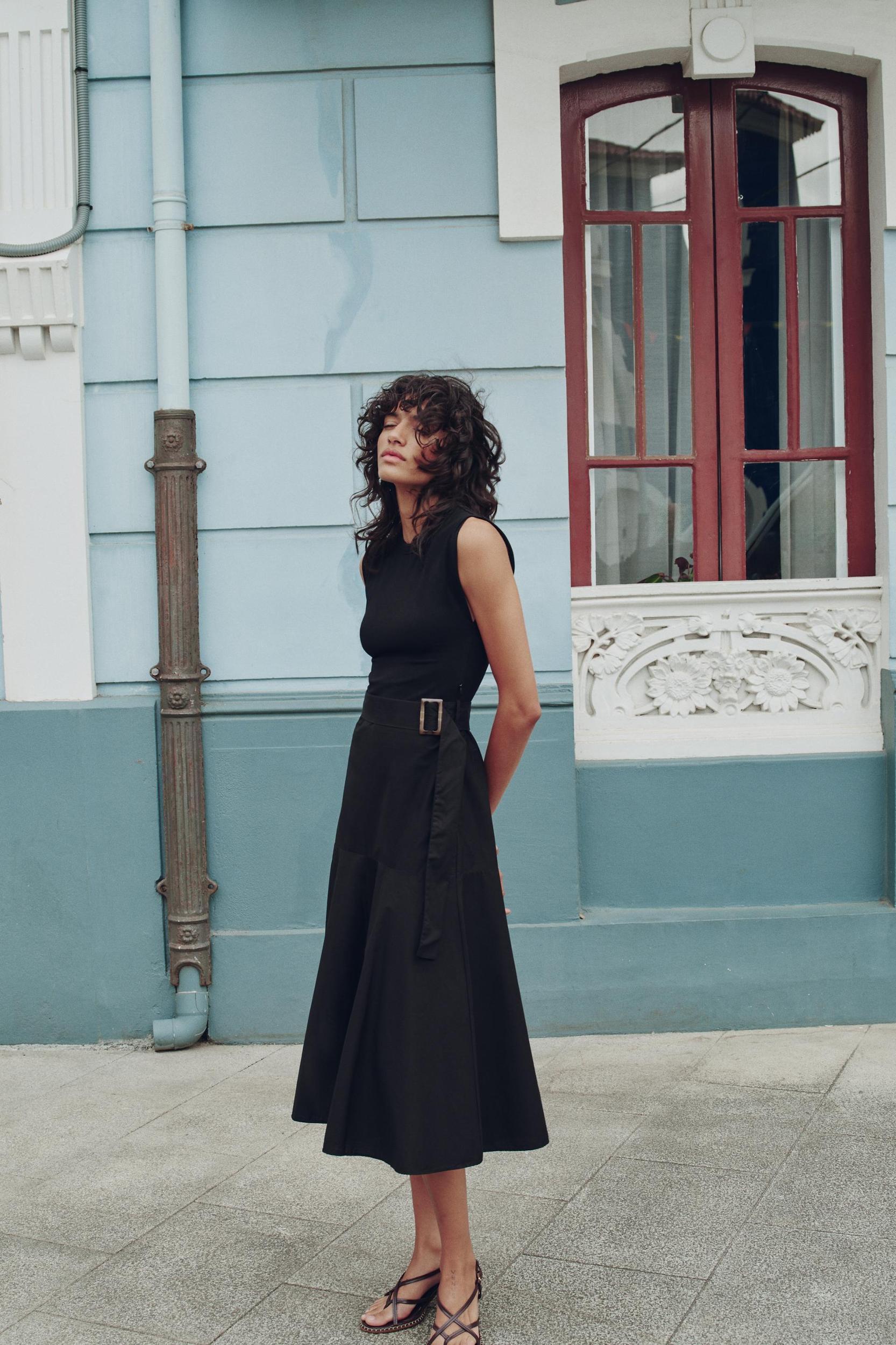 BELTED MIXED MIDI DRESS Product Image