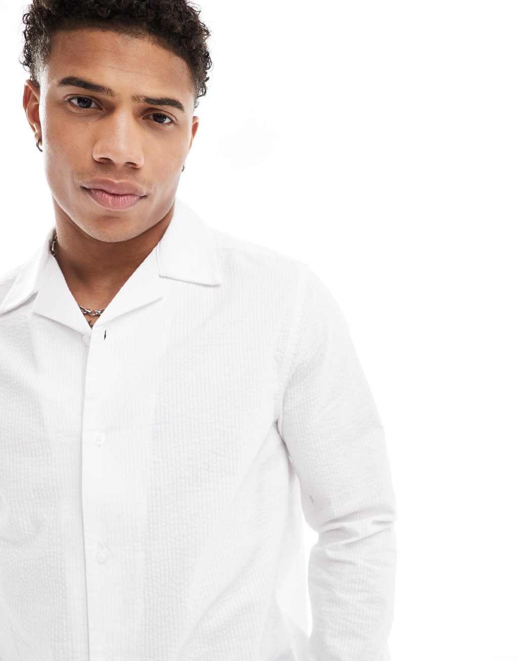ASOS DESIGN regular seersucker shirt with wide camp collar in white Product Image
