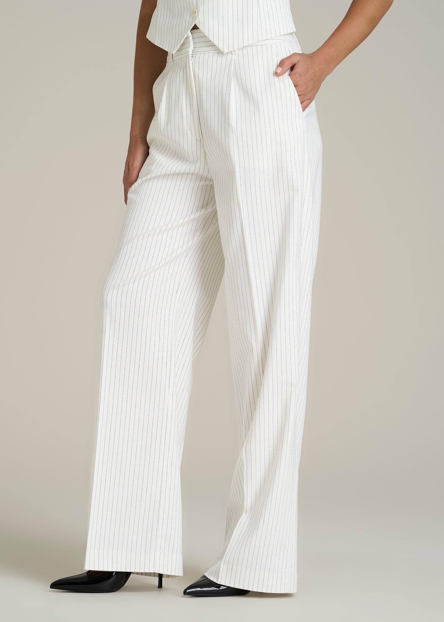 High-Rise Wide-Leg Pleated Dress Pants for Tall Women in Off White Pinstripe Product Image