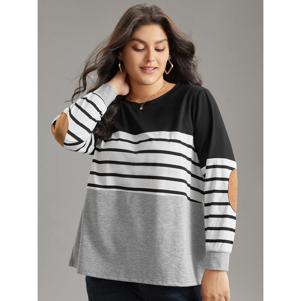 Plus Size Striped Patchwork Contrast Slight Crew Neck Sweatshirt Women Black Casual Contrast Round Neck Dailywear Sweatshirts BloomChic 10/M Product Image