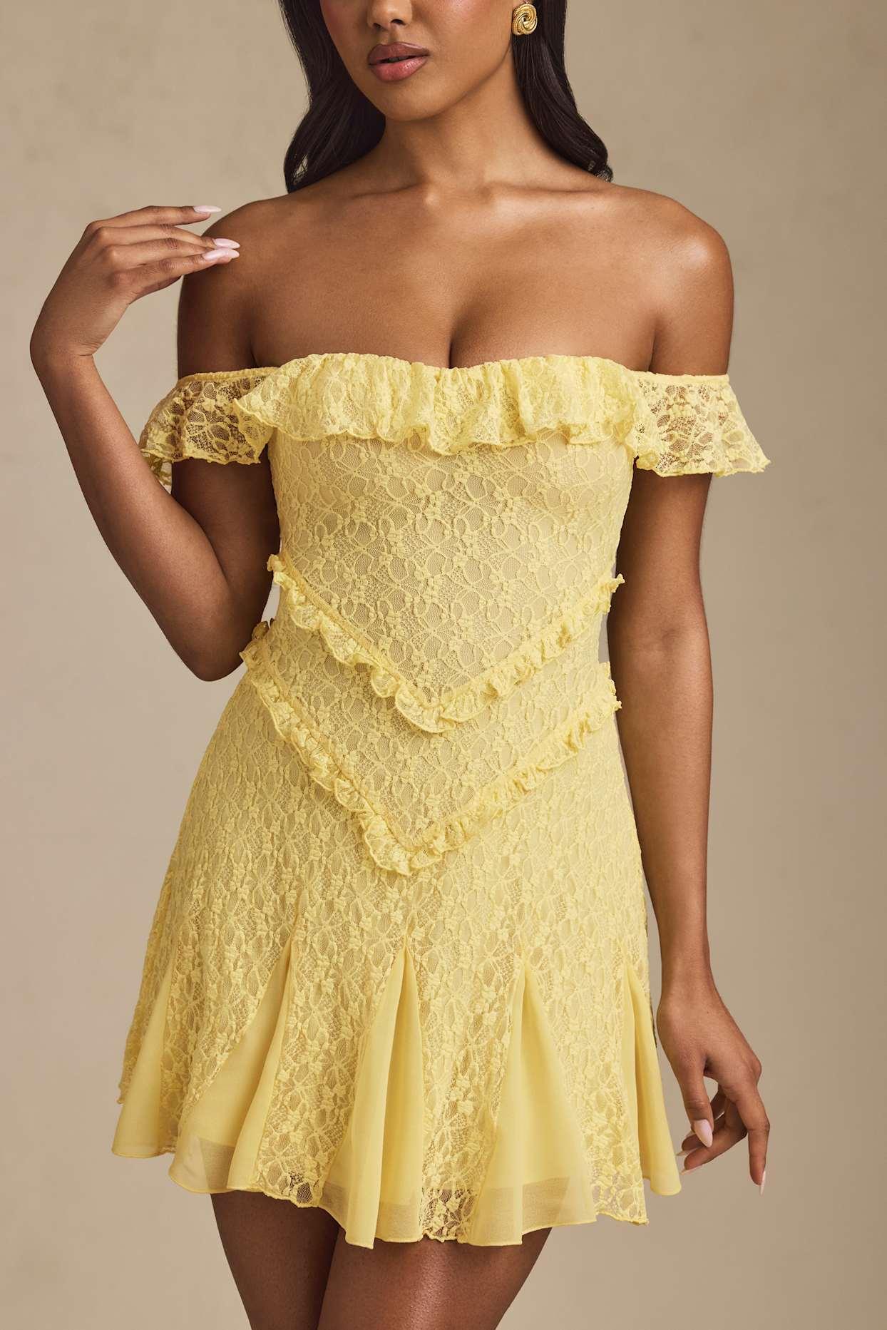 Off-Shoulder Lace A-Line Mini Dress in Pastel Yellow Product Image