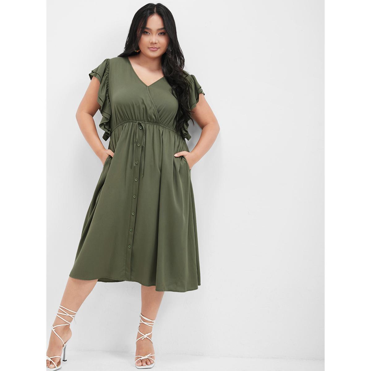 Plus Size Solid Ruffles Button Ties Pocket Midi Dress ArmyGreen Women Elegant Plain V-neck Cap Sleeve Curvy Knee Dress BloomChic 30/6X Product Image