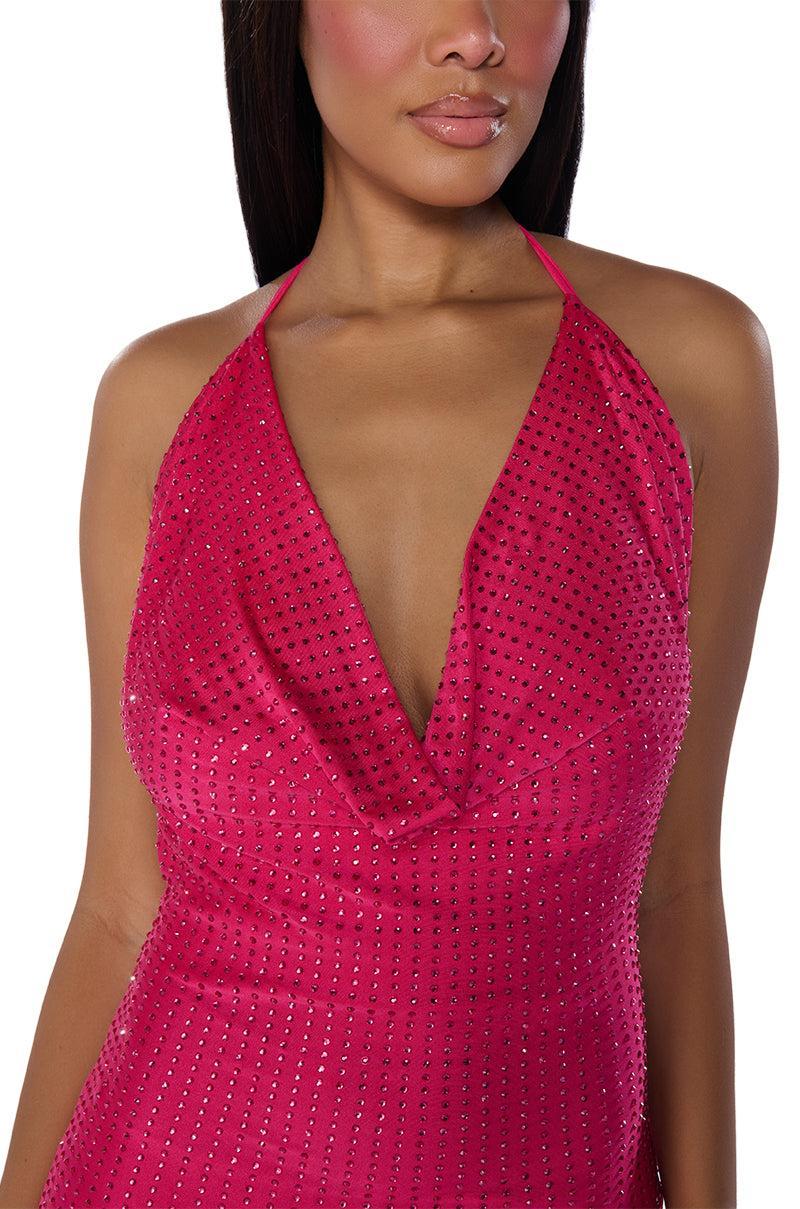BRING IT EMBELLISHED COWL NECK MINI DRESS IN HOT PINK Product Image