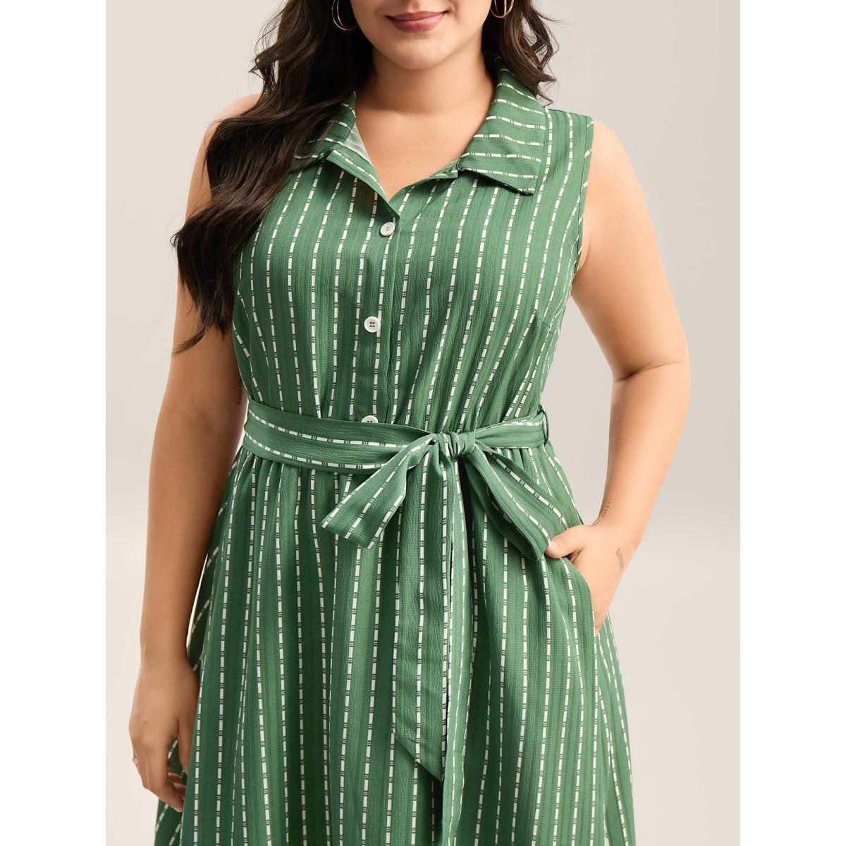 Plus Size Breezy Stripes Belted Pockets Midi Dress Emerald Women Shirt collar Sleeveless Curvy BloomChic 18-20/2X Product Image