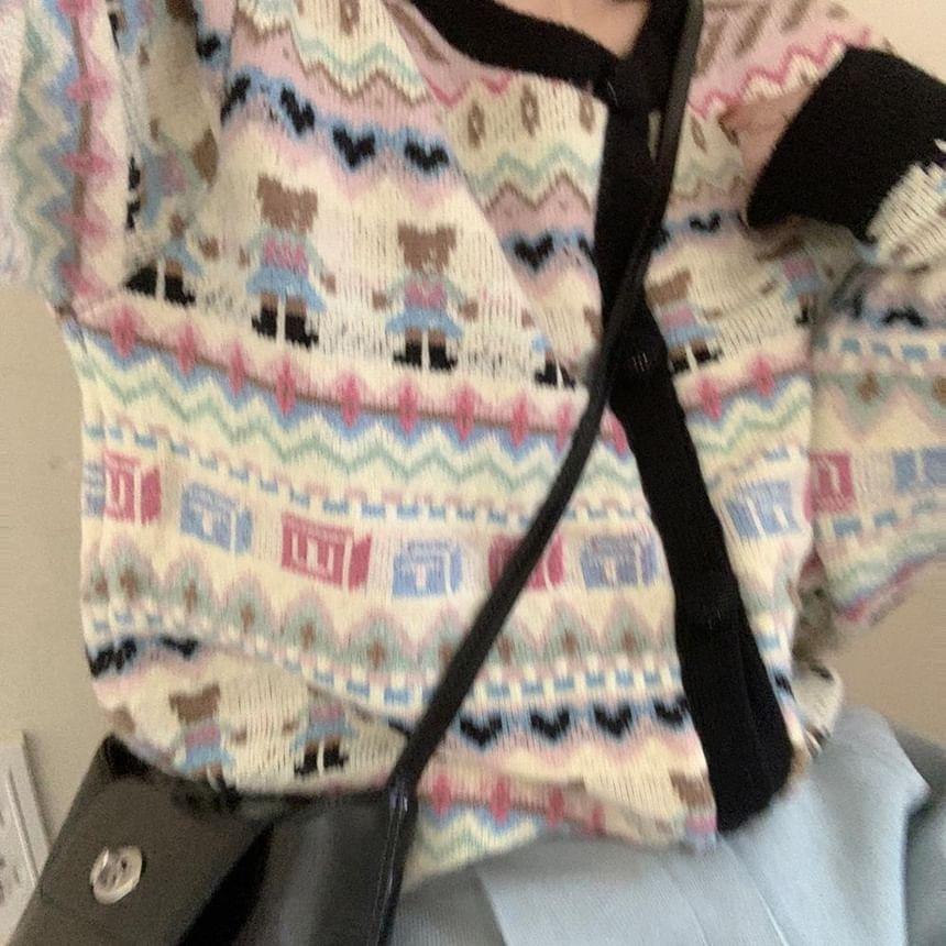 Long Sleeve Crew Neck Bear Jacquard Knitted Cardigan Product Image