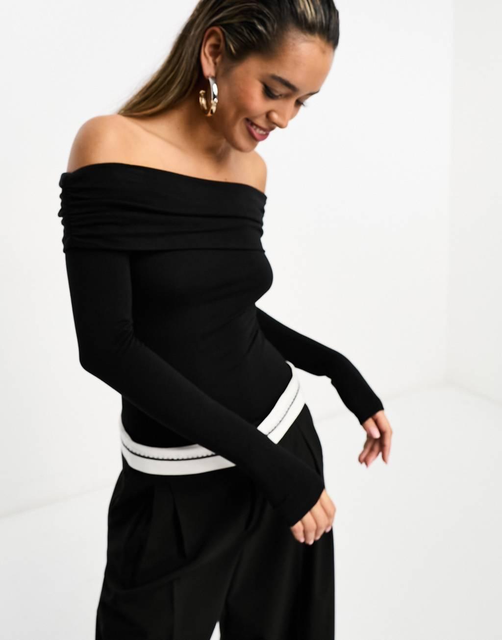 ASOS DESIGN cotton modal clean fold over bardot bodysuit Product Image