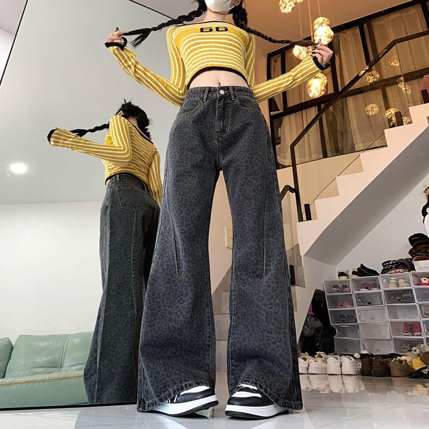 High Rise Washed Leopard Print Wide Leg Jeans Product Image