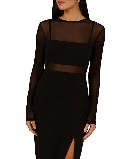 Adrianna Papell Crepe Knit Mock Neck Illusion Long Sleeve Side Slit Sheath Dress Product Image
