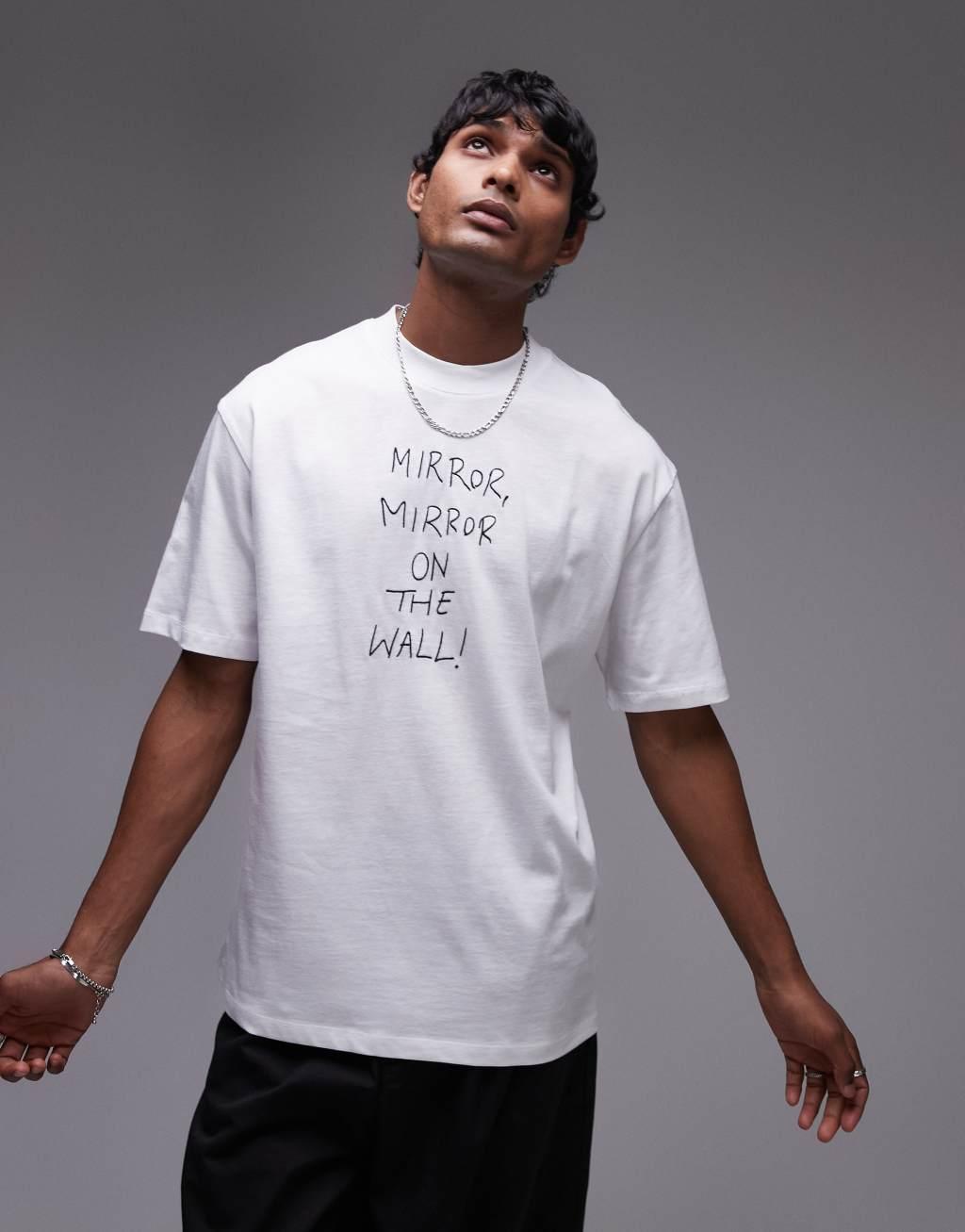 Topman oversized fit t-shirt with mirror mirror embroidery in white Product Image