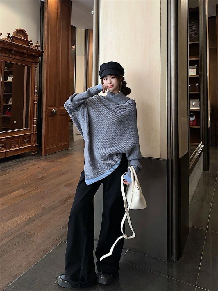 Turtleneck Batwing Sleeve Drop Shoulder Sweater / Mid Waist Flared Jeans Product Image