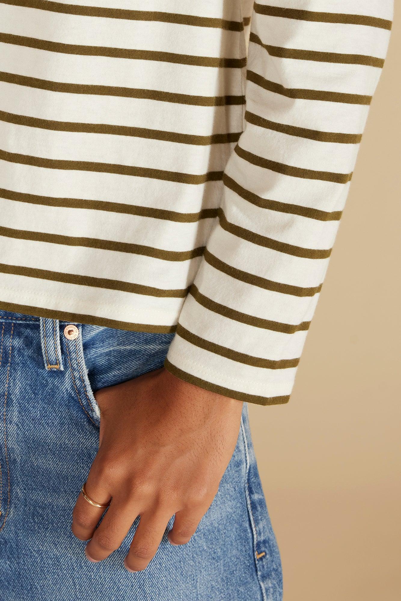 Berkeley Long Sleeve Tee - Ivory and Olive Green Stripe Product Image
