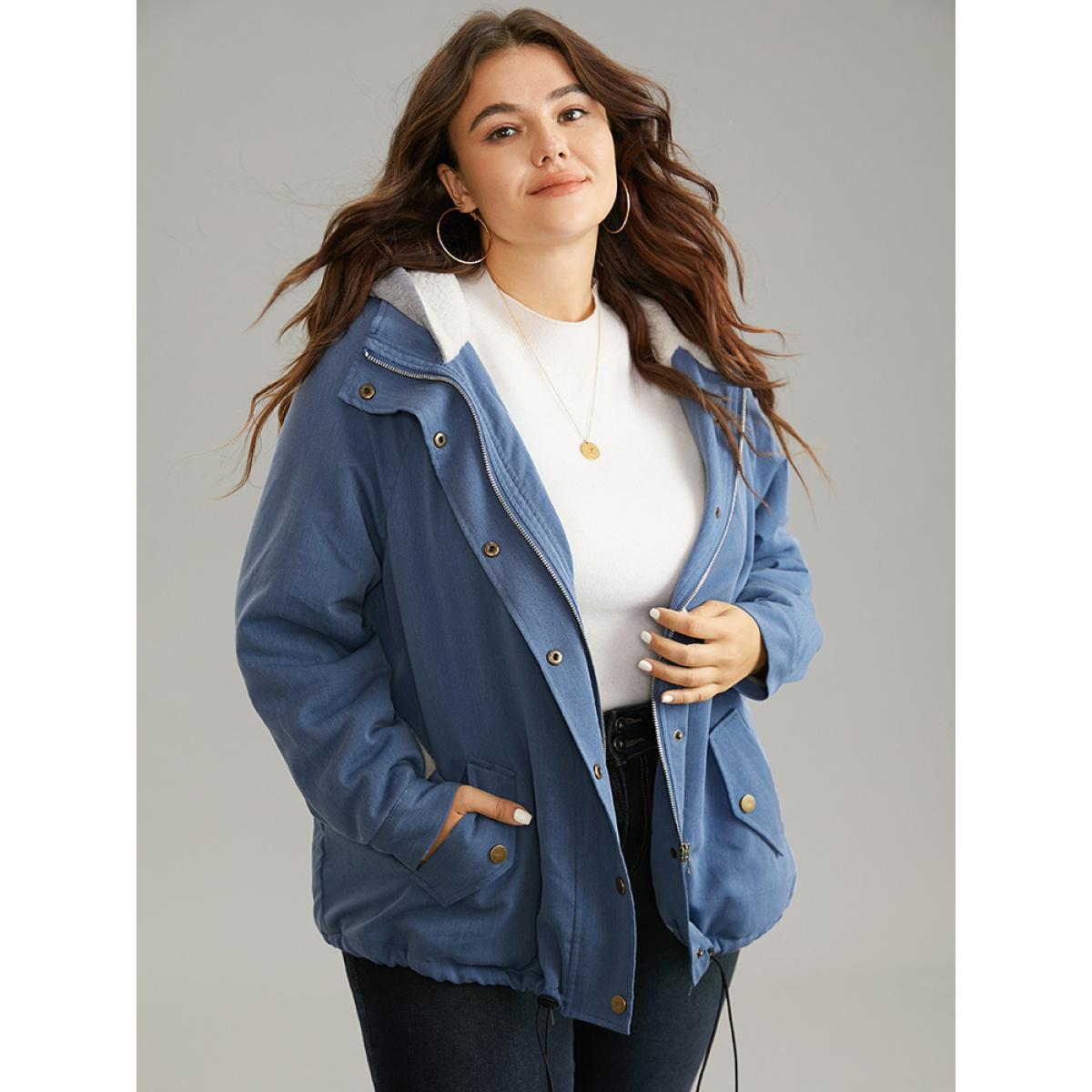 Plus Size Denim Hooded Drawstring Fuzzy Patchwork Jacket Women Blue Lined Pocket Dailywear Jackets BloomChic 26/4X Product Image
