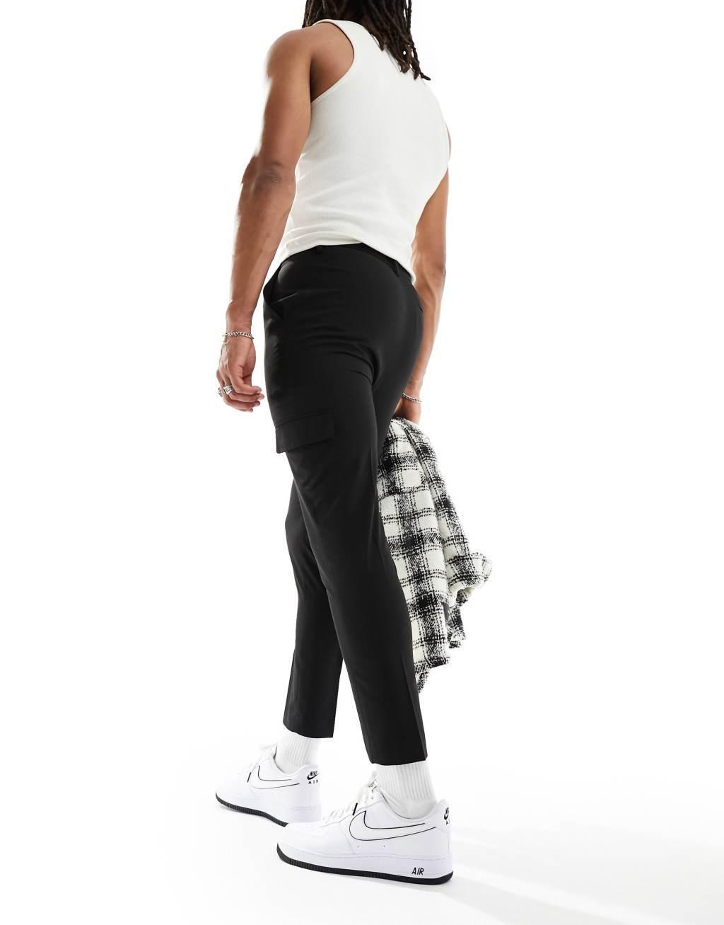 ASOS DESIGN smart tapered pants with cargo pockets in black Product Image
