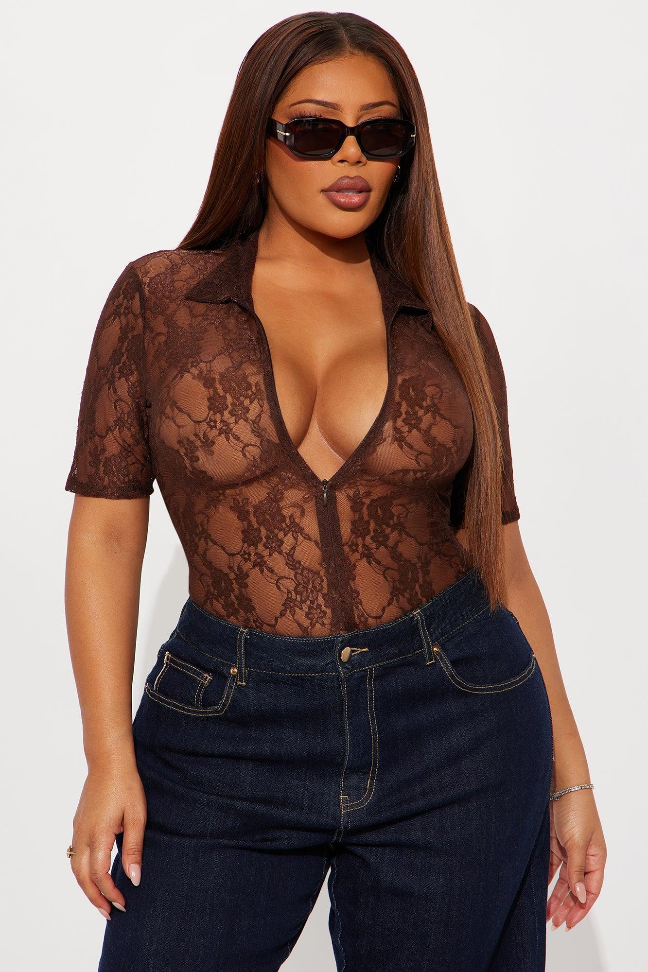 Timea Short Sleeve Lace Bodysuit - Brown Product Image