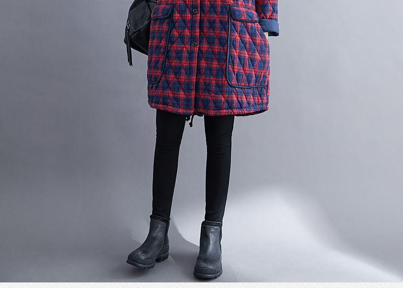 Hooded Button-Up Plaid Long Padded Coat Product Image