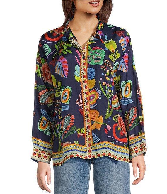 JOHNNY WAS Audrey Silk Farout Boho Floral Scarf Print V-Neck Long Roll Tab Sleeve Button Front Shirt Product Image