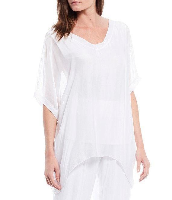M Made in Italy V-Neck Sheer Sleeve Coordinating Sharkbite Hem Silky Woven Top Product Image