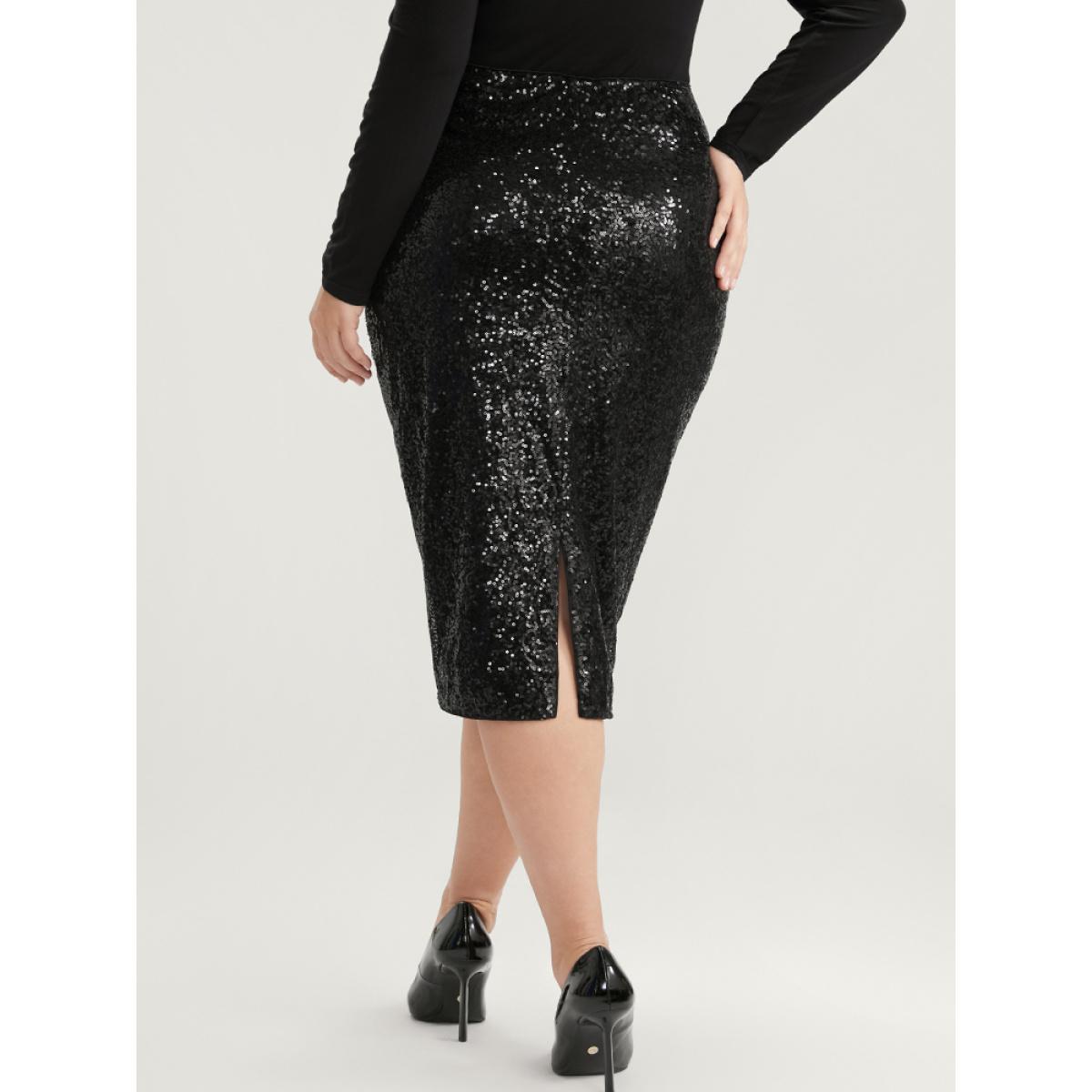 Plus Size Solid Sequin Zipper Split Hem Skirt Women Black Party Plain Bodycon Low stretch Going out Skirts BloomChic 22-24/3X Product Image