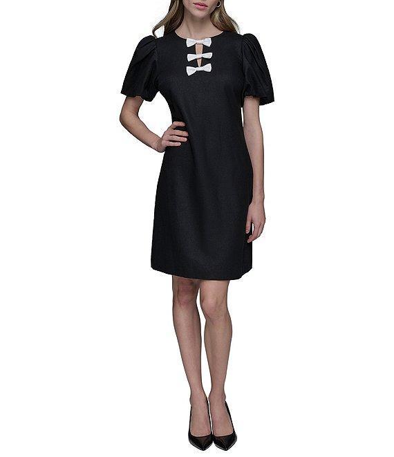 KARL LAGERFELD PARIS Linen Blend Crew Neck Short Sleeve Bow Sheath Mini Dress Product Image