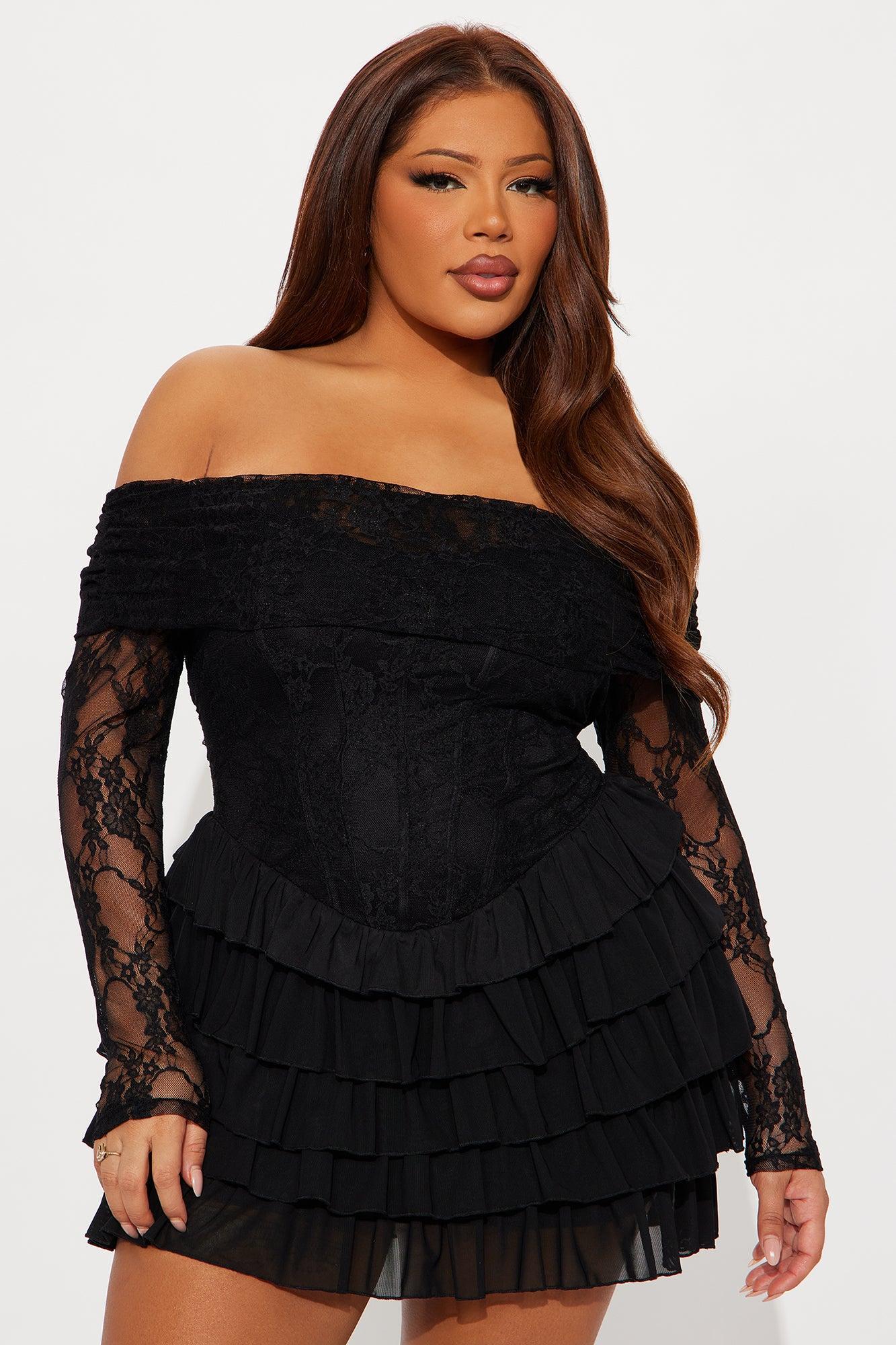 Elsie Ruffle Lace Mini Dress - Black Product Image