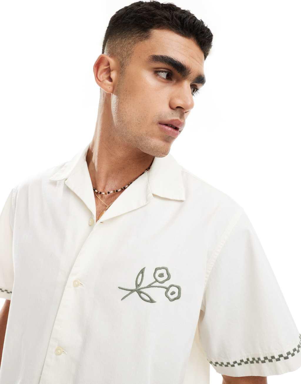 Selected Homme revere collar shirt with green floral print in cream  Product Image