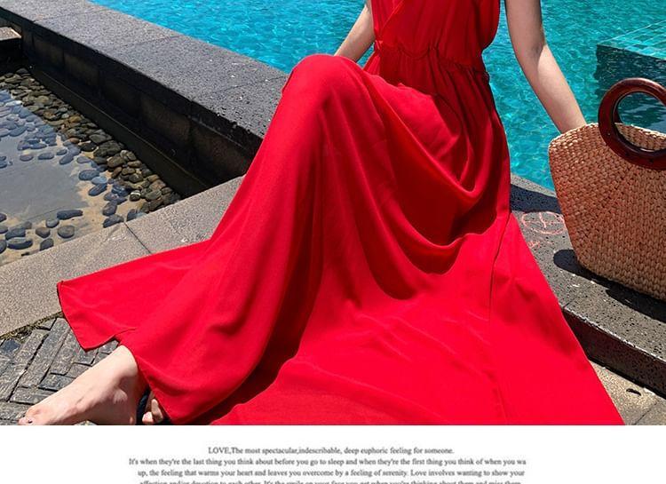 Halter Neck Plain Plain Maxi A-Line Dress Product Image