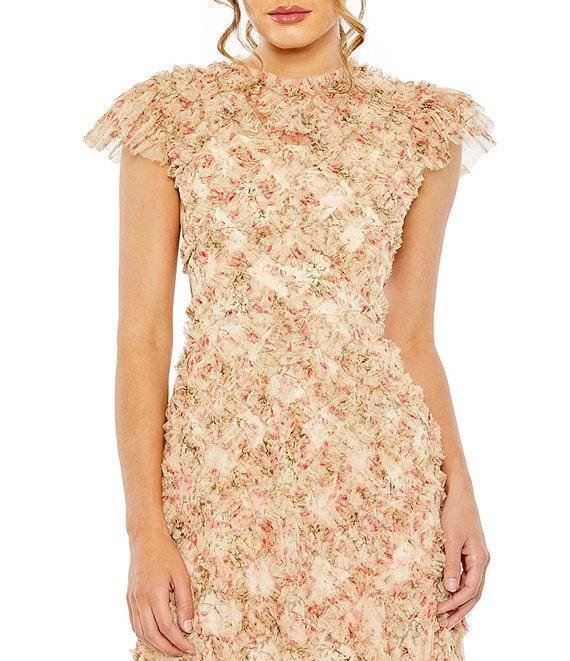 Mac Duggal Mesh Floral Print Mock Neck Cap Sleeve Micro Ruffle A-Line Midi Dress Product Image