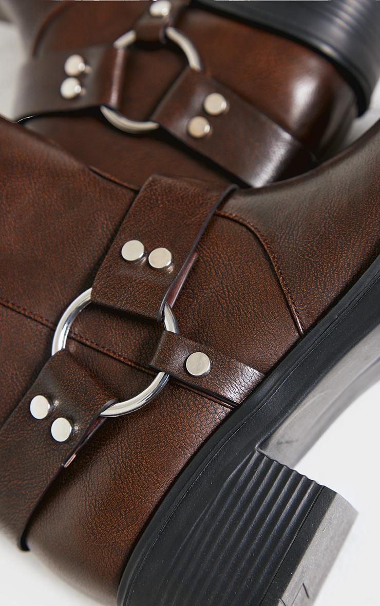 Brown PU Round Toe Buckle Harness Detail Ankle Boots Product Image