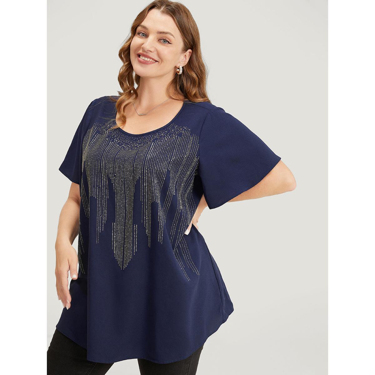 Plus Size Aegean Plain Rhinestones Detail Ruffles Sleeve Blouse Women Party Short sleeve Round Neck Dailywear Blouses BloomChic 30/6X Product Image