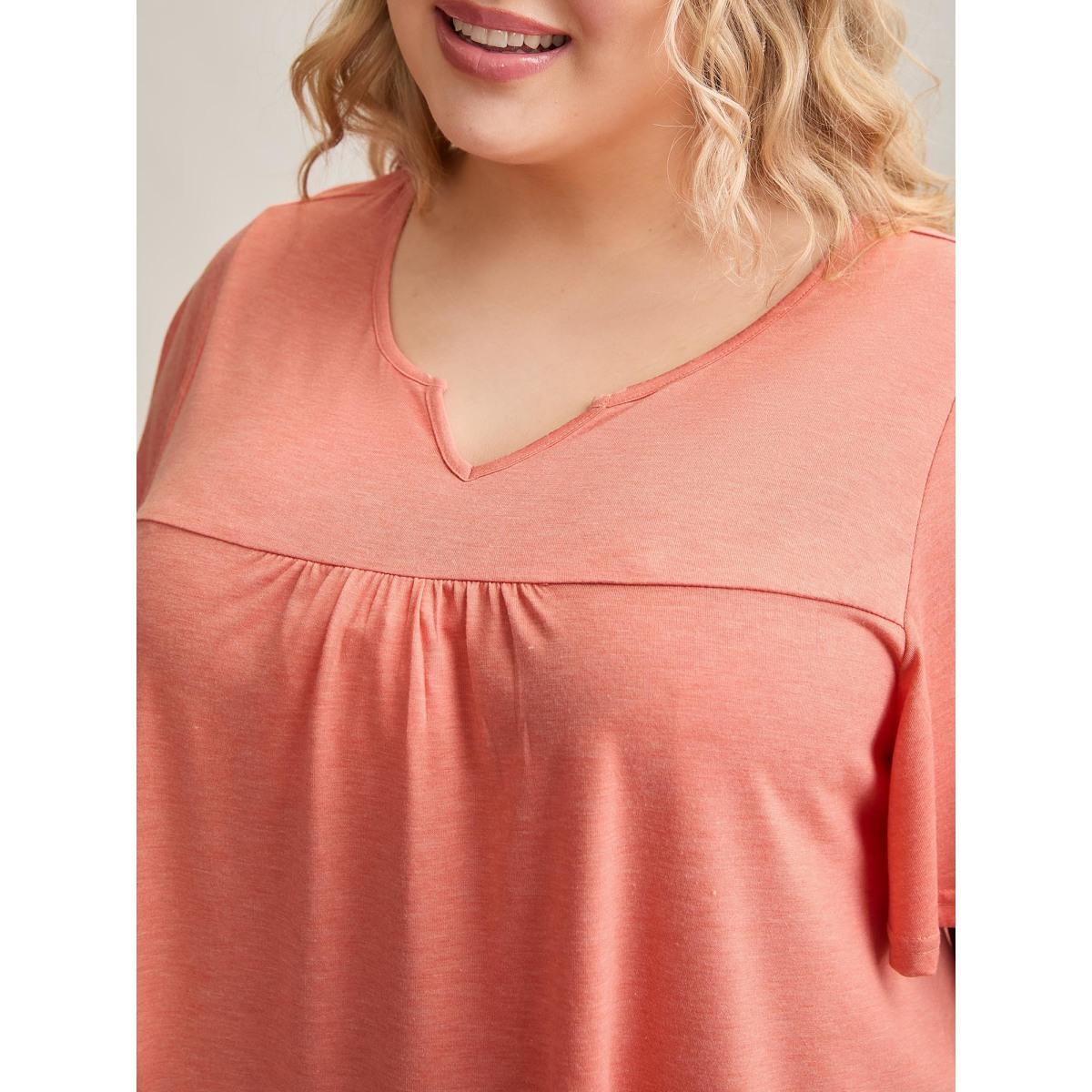 Plus Size Heathered Split Neckline Plain T-Shirt Coral Women Casual Gathered Notched collar Everyday T-shirts BloomChic 22-24/3X Product Image