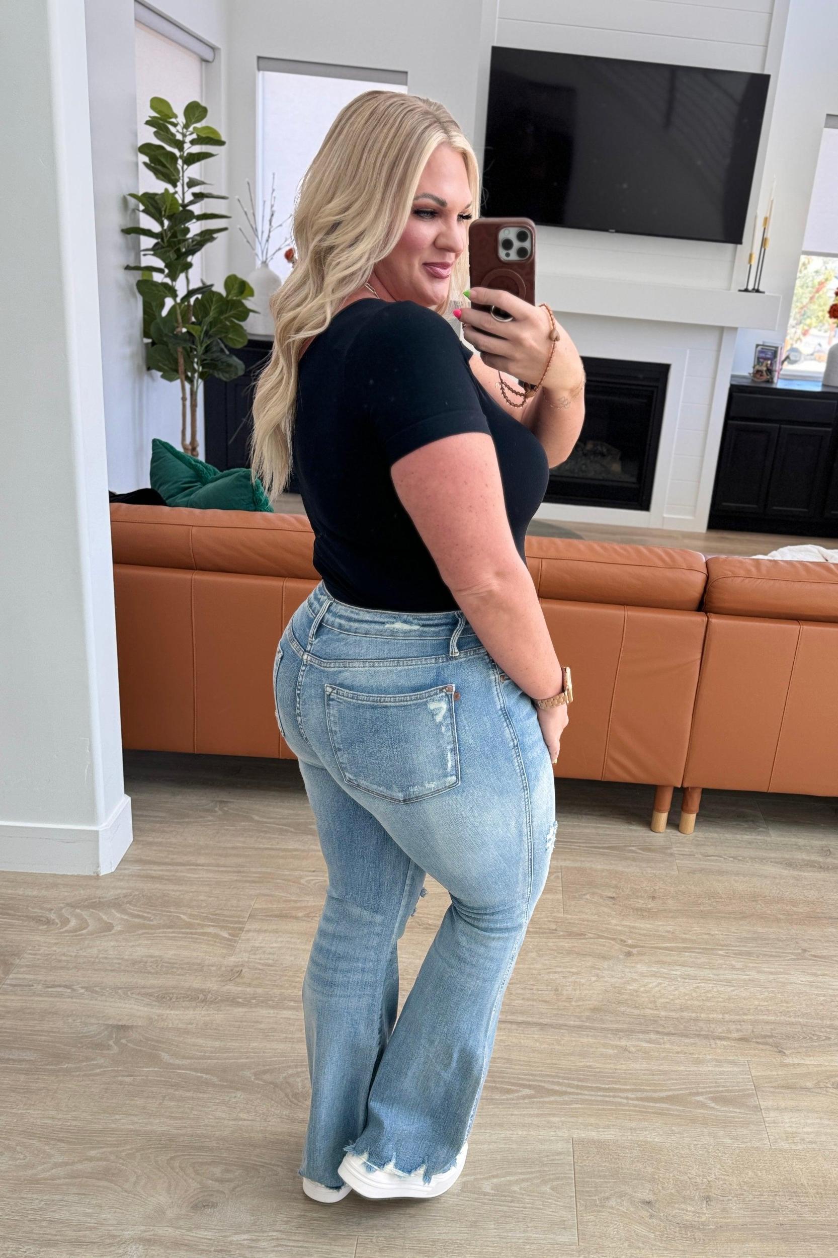 Caroline Mid Rise Control Top Distressed Flare Jeans (Online Exclusive) Female Product Image