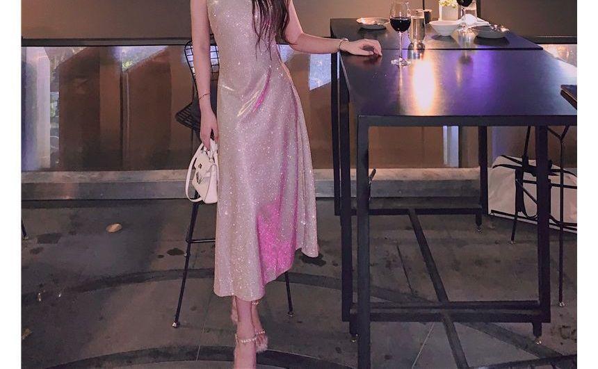 Spaghetti Strap Sequin Midi A-Line Dress Product Image