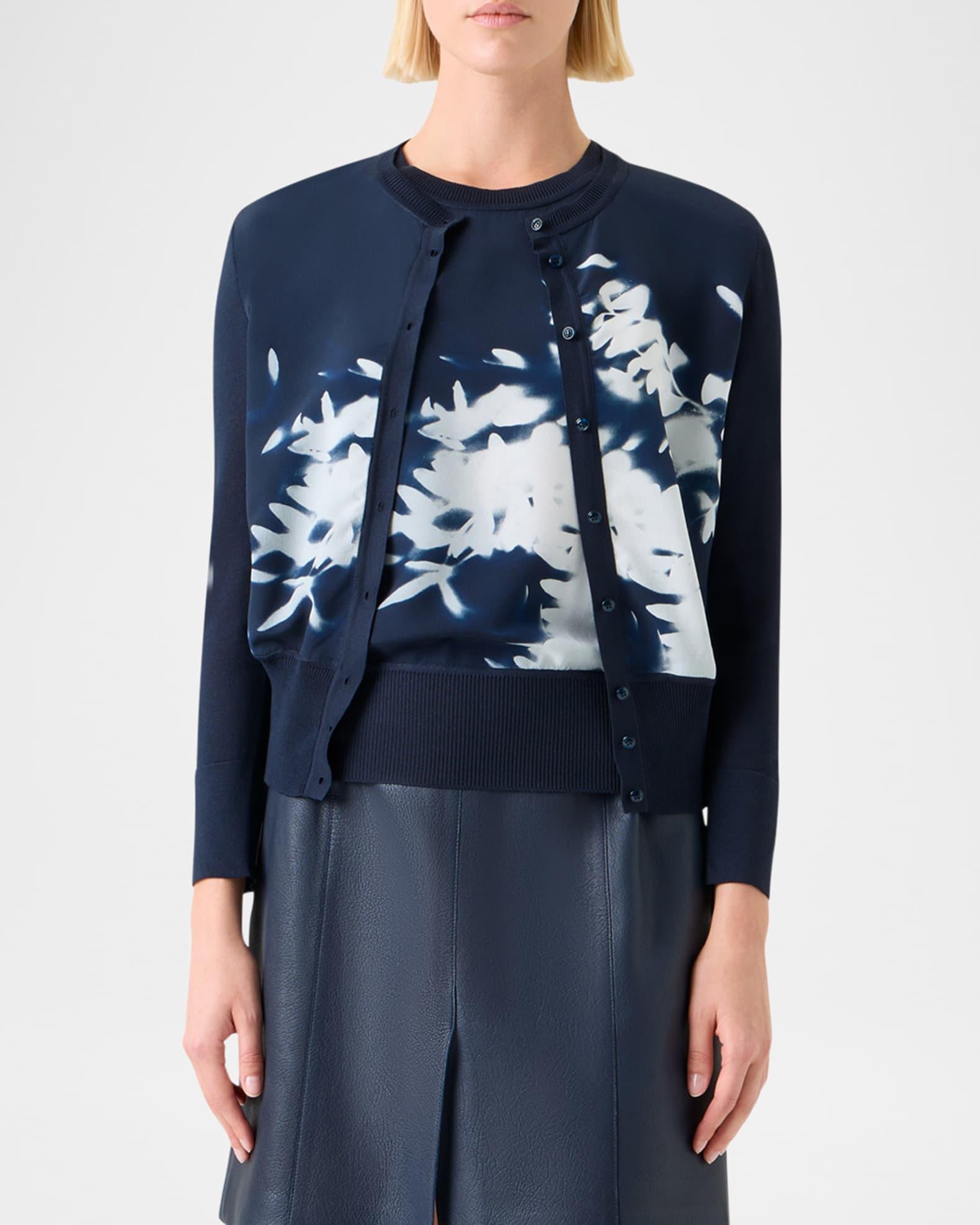 Wildflower-Print Silk Panel Crewneck Cardigan Product Image