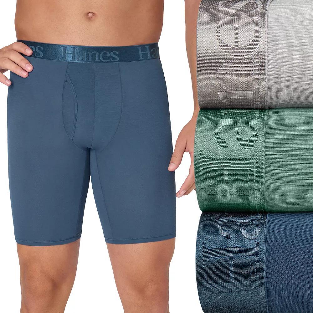 Men's Hanes® Originals Ultimate SuperSoft Long Leg Boxer Brief Underwear 3-Pack, Size: Small, Blue Green Product Image